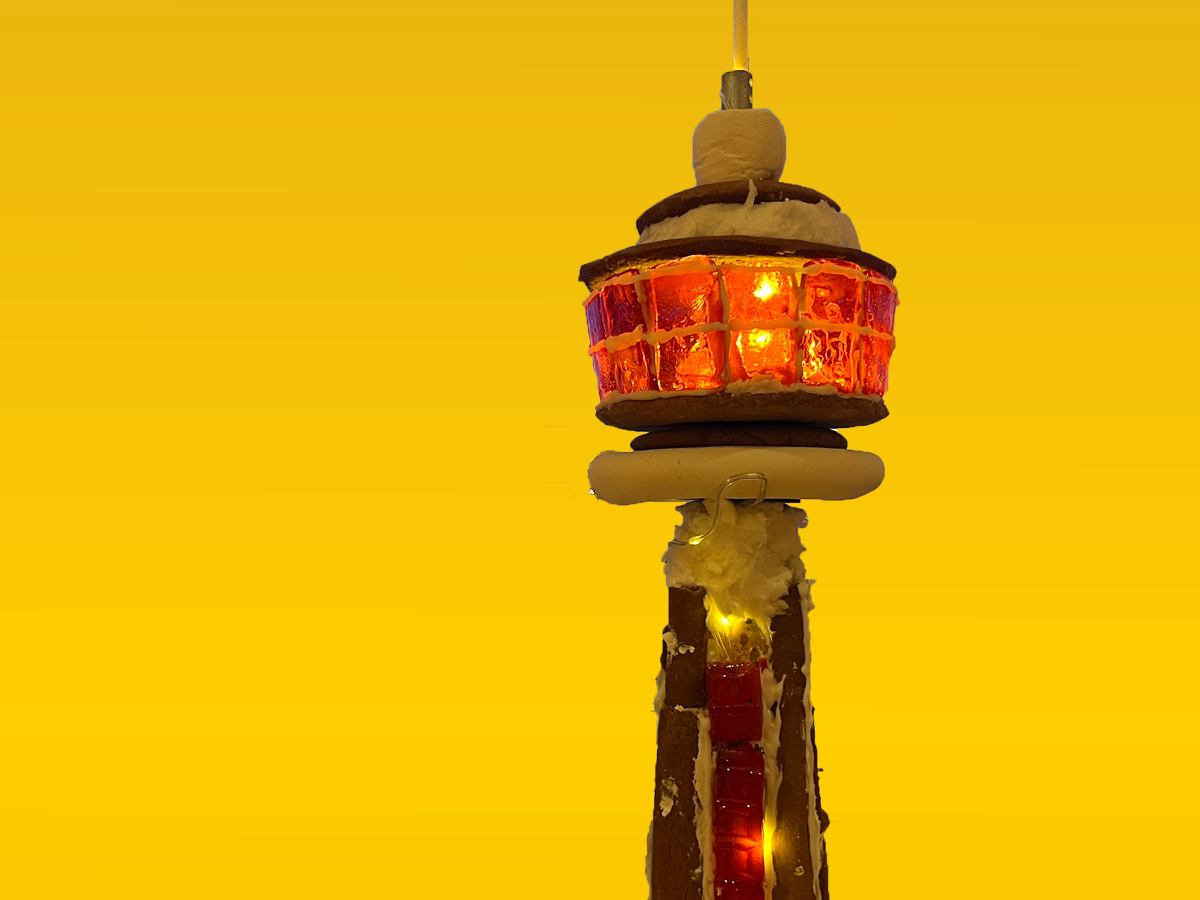 The top of the CN tower made of gingerbread.