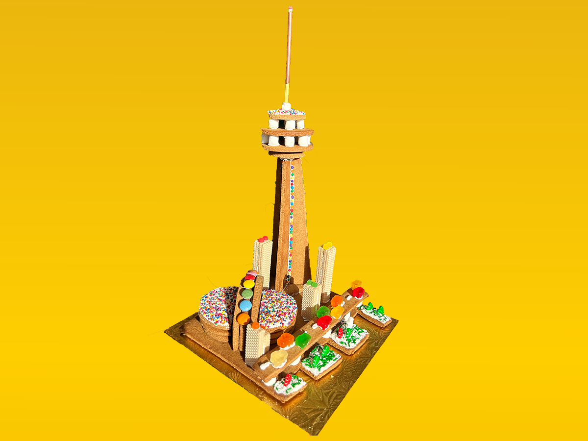 A CN tower made of candy and gingerbread.